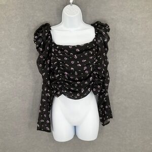 H&M Divided Floral Square Neck Long Sleeve Ruched Crop Top Black Sz L Whimsigoth